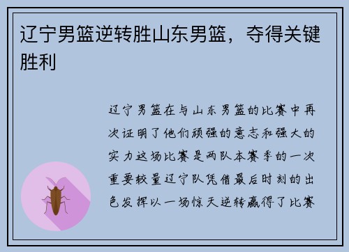 辽宁男篮逆转胜山东男篮，夺得关键胜利