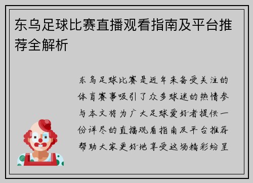 东乌足球比赛直播观看指南及平台推荐全解析